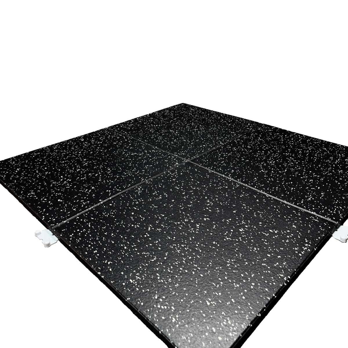 بلاط أرضيات جيم مطاطي 50×50 سم  – سماكة 2 سم – أسود منقط أبيض – سطح UV – مع كلبسات تثبيت