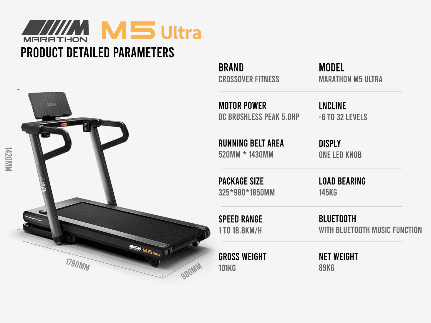 جهاز سير كهربائي شبه تجاري M5 Ultra قابل للطي ببلوتوث ومحرك 5HP Peak