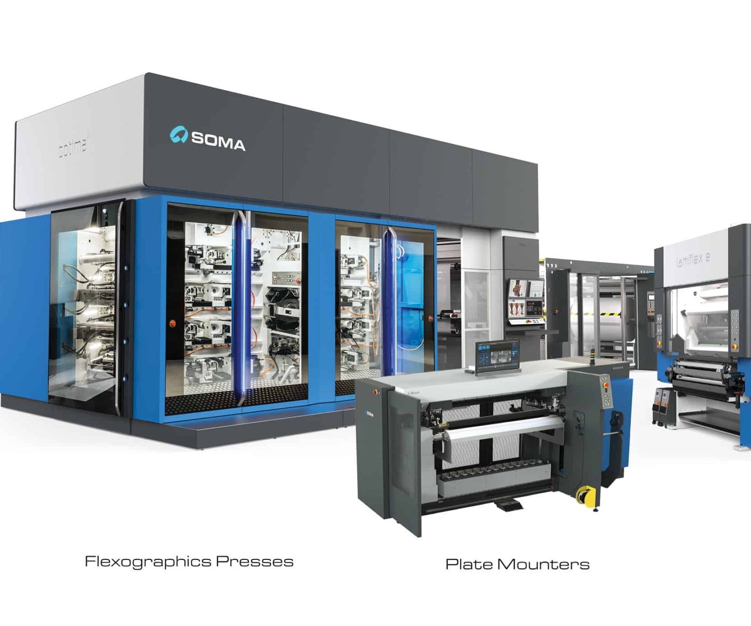 Examples of Soma product range including slitter rewinder, flexographic press, plate mounter and laminator