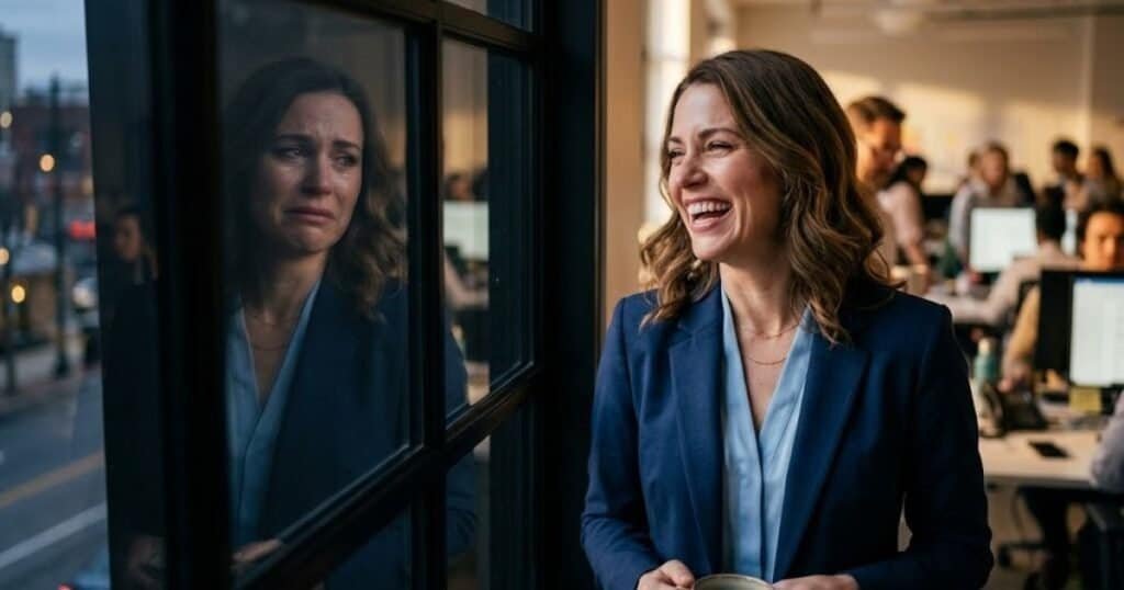A high functioning professional exhibiting signs of smiling depression behind a corporate mask