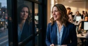 A high functioning professional exhibiting signs of smiling depression behind a corporate mask