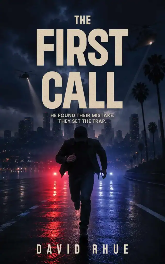 Cover of The First Call by David Rhue, showing a man running from police cars with flashing lights behind him.