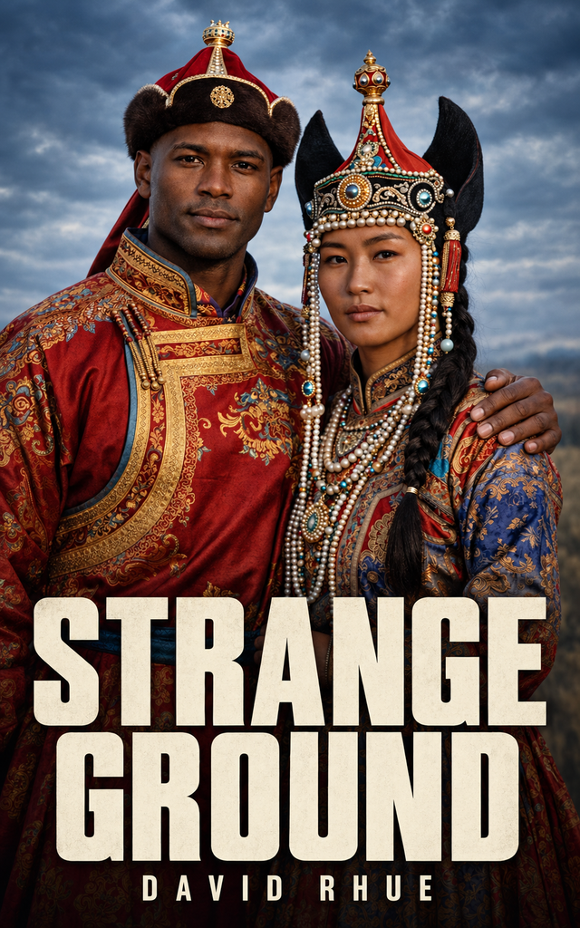 Cover of Strange Ground by David Rhue, showing a couple in traditional Mongolian dress on the open steppe.