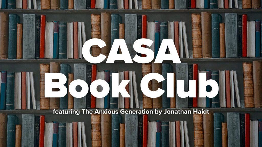 bookshelf background with white text overlay reading CASA Book Club