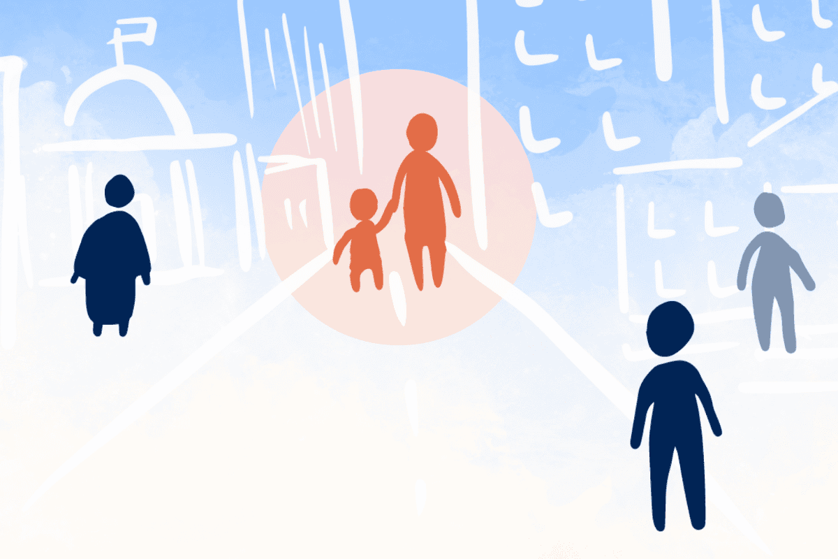 1. Silhouette illustration of a diverse group of people, including caregivers and children, representing community support for individuals with disabilities at DCC Ask.