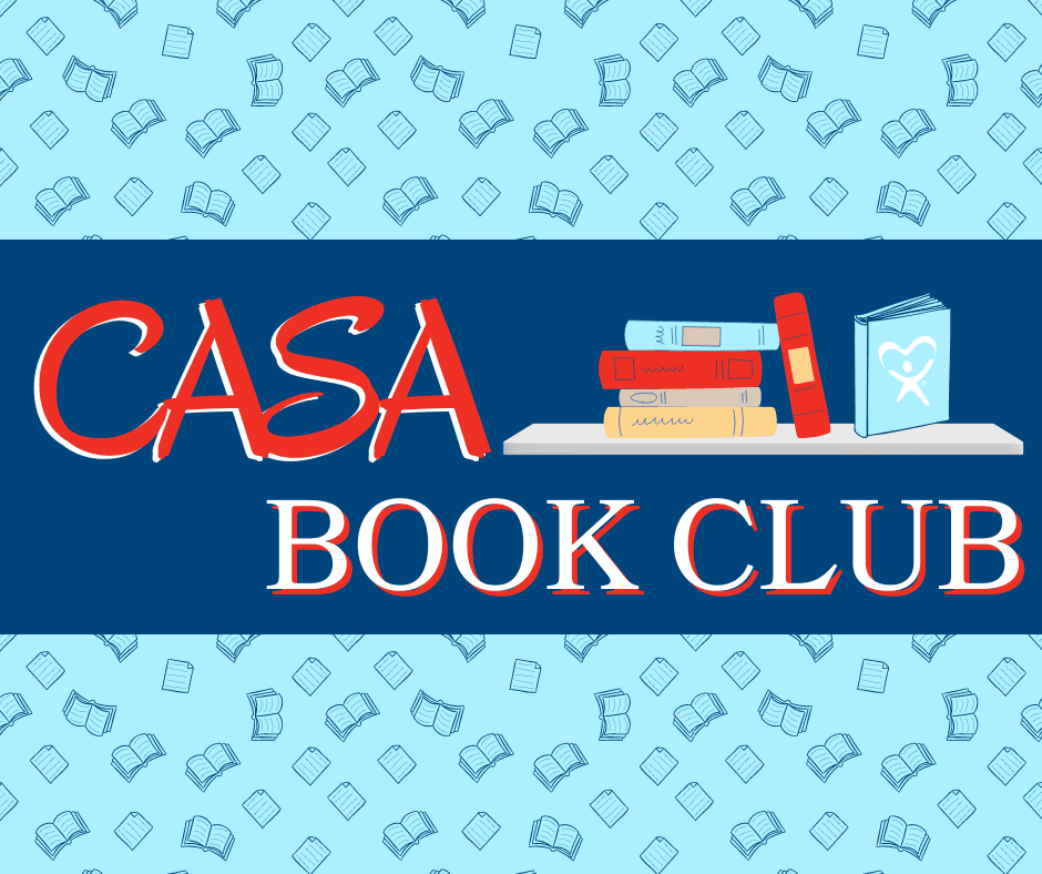 The image features a promotional graphic for the "Casa Book Club" with a background pattern of open books. The central design includes a stack of books and a book with a heart symbol on the cover, emp.