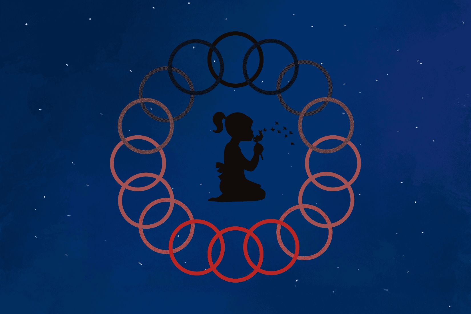 Silhouette of a child kneeling and blowing bubbles, surrounded by a circle of interconnected rings on a starry night sky.