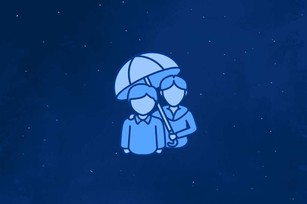 Illustration of two children with umbrella and masks, symbolizing child advocacy and support.