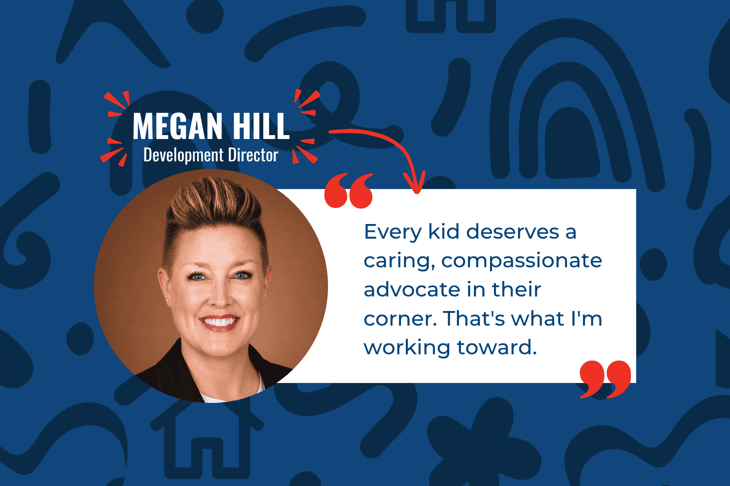 Megan Hill, Douglas County CASA Development Director, smiling with a background of child advocacy icons.
