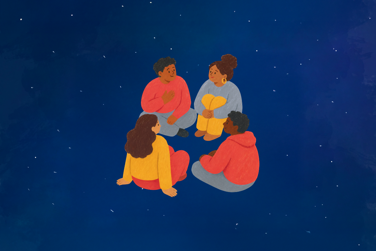 Illustration of four diverse children sitting in a circle, engaging in a supportive conversation about child advocacy and volunteer support.