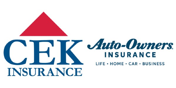 CEK Insurance Auto-Owners Insurance logo with red triangle and blue text.