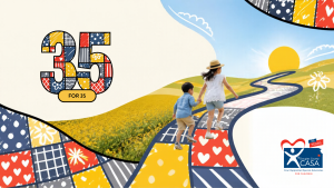 Celebrating 35 years of Douglas County CASA with a colorful illustration of children walking on a path through a vibrant landscape.
