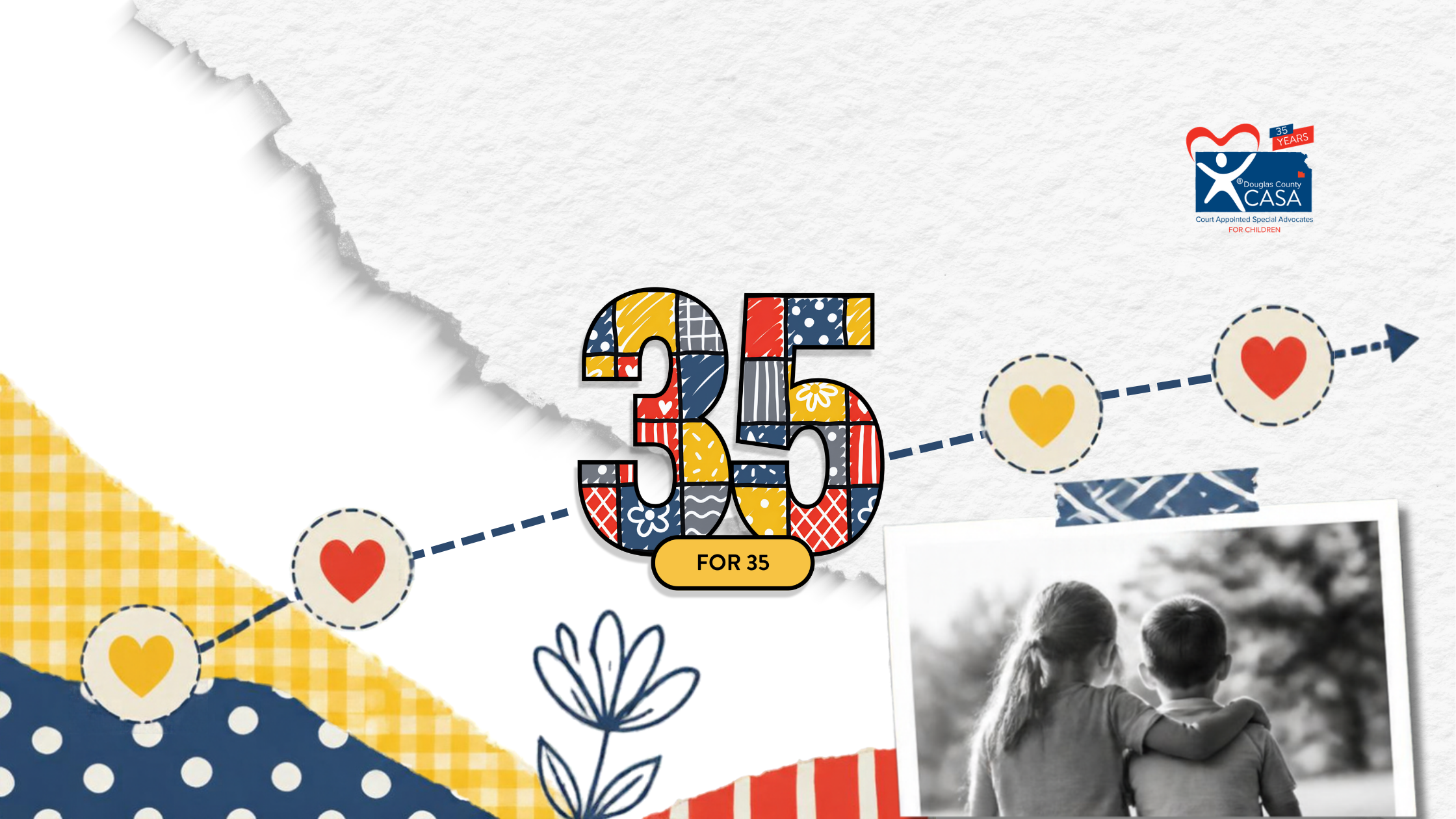 Celebrating 35 years of Douglas County CASA with a colorful graphic and a photo of two children embracing.