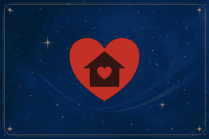 A heart with a house and a small heart inside, symbolizing child advocacy and support.