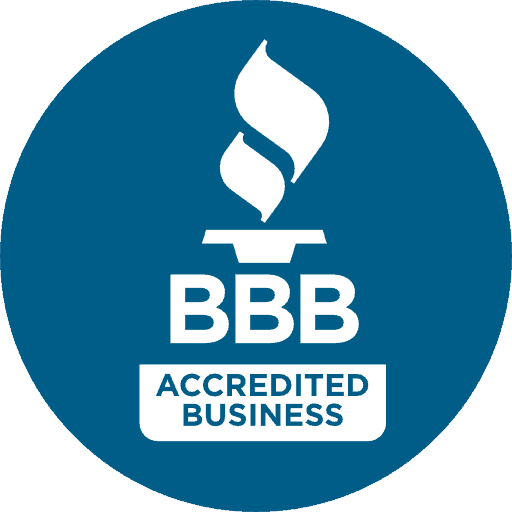Blue circular logo with white flame and text 'BBB ACCREDITED BUSINESS'