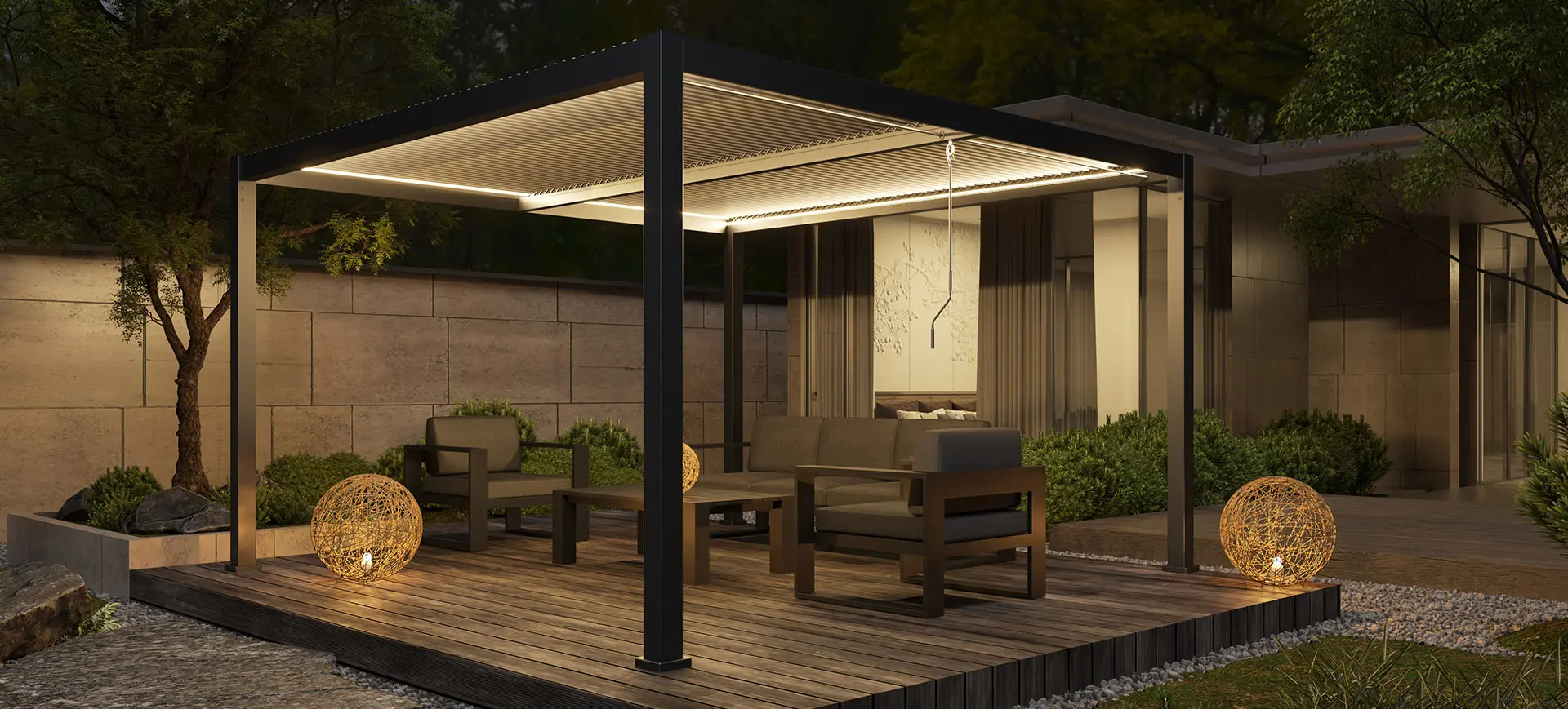 Modern patio with pergola, outdoor furniture, and decorative lighting at night