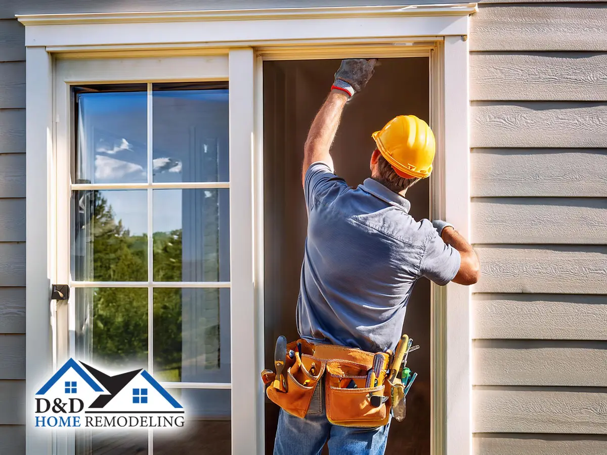 male professional contractor performing expert residential home remodeling service with replacement of windows and doors for energy efficiency