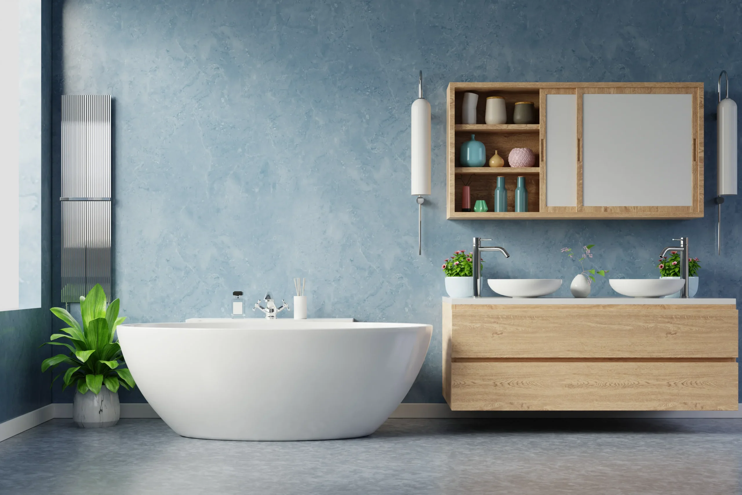 Modern bathroom with blue wall, white bathtub, and wooden vanity.
