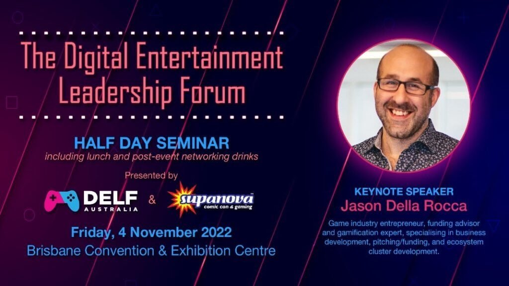 DELF Australia event informational banner in pink and purple colors highlighting the 2022 partnership with Supanova at the Brisbane Convention and Exhibition Centre.