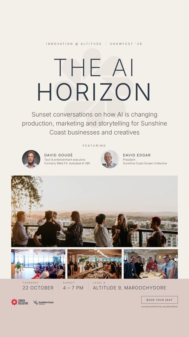 Promotional event banner for The AI Horizon at SHOWFEST 2026, featuring sunset conversations on how AI is changing production, marketing, and storytelling with Dave Gougé and David Edgar at Altitude Nine.