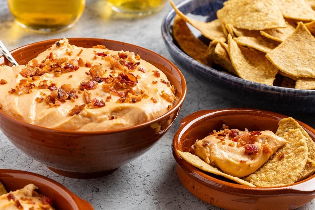 Hot bacon cheese dip baked until bubbly.