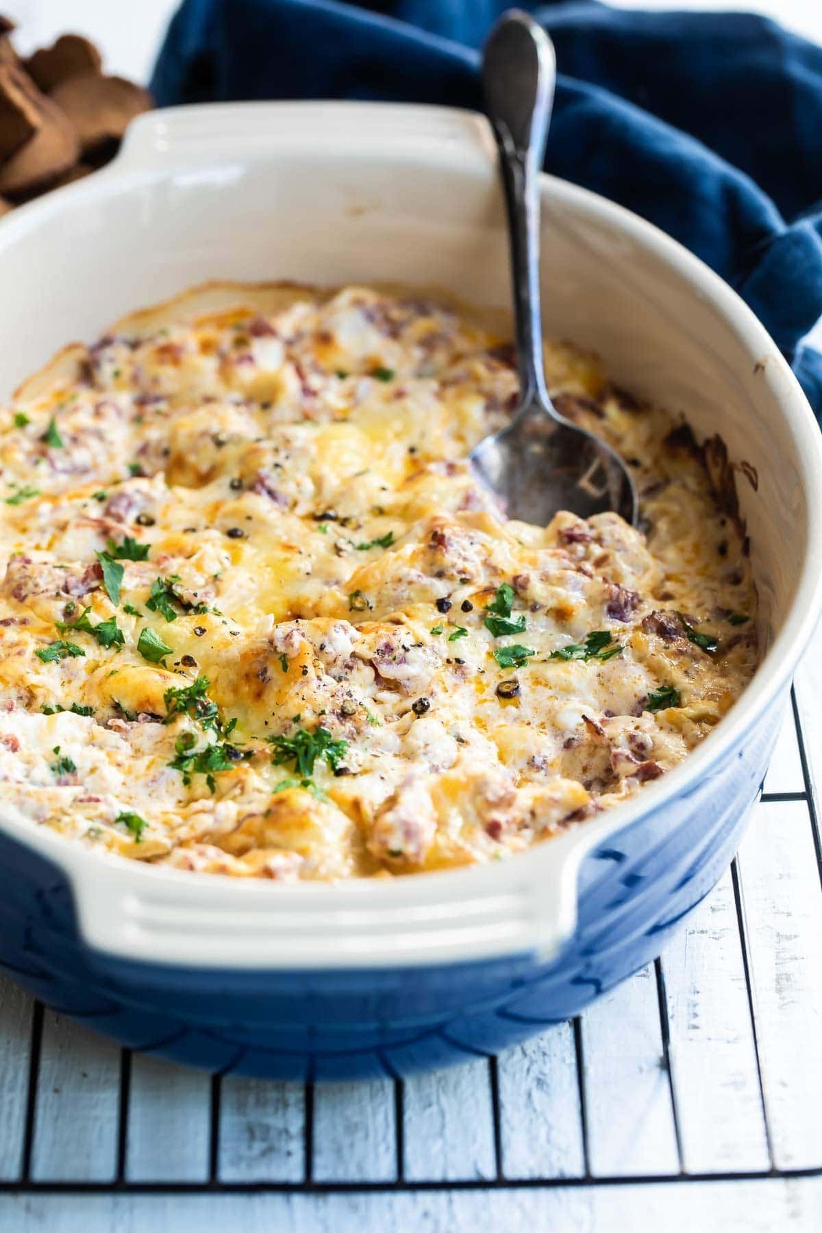 Hot Reuben dip with corned beef, sauerkraut, and Swiss cheese.
