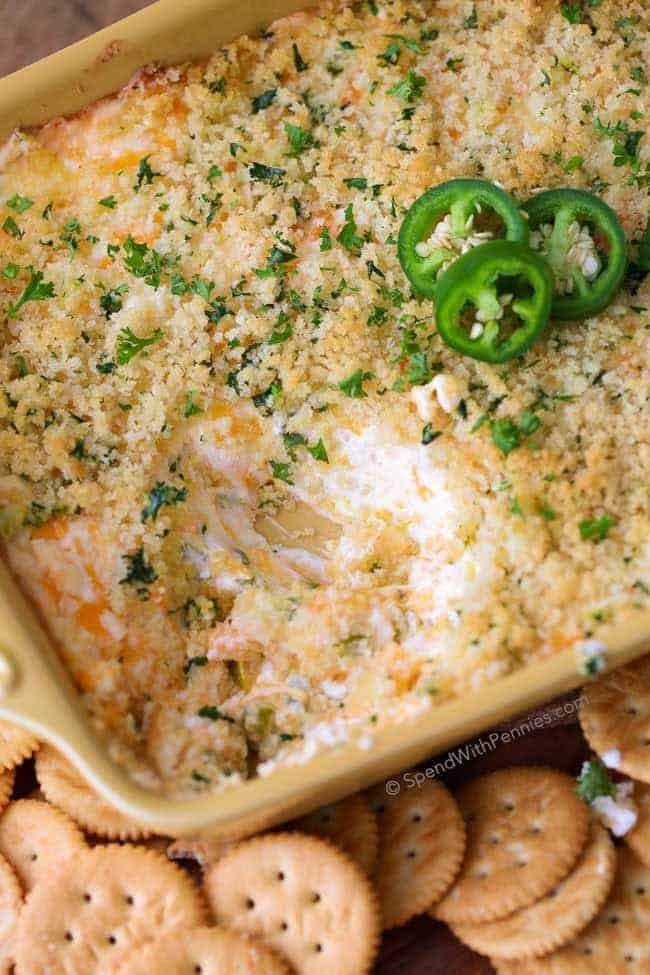 Baked jalapeño popper dip with golden breadcrumb topping.