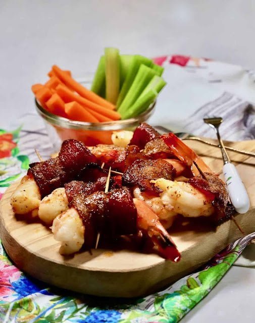 Bacon wrapped shrimp glazed with brown sugar