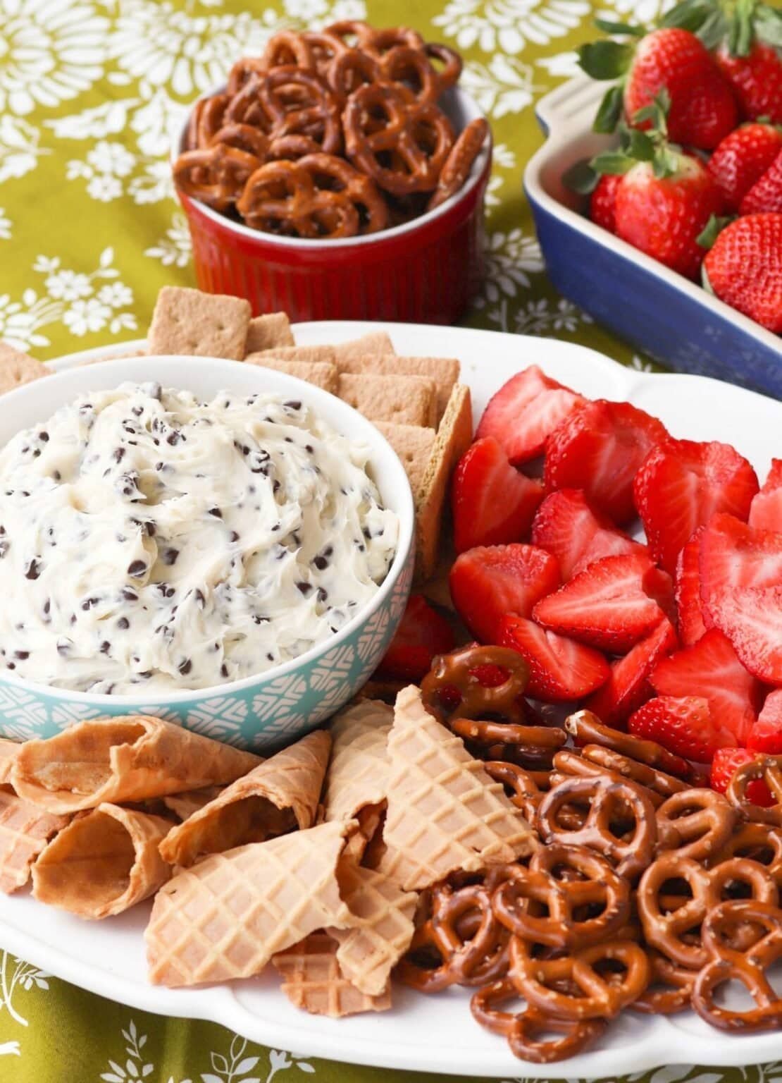 Chocolate chip cheesecake dip in a bowl.