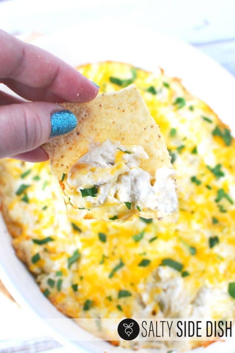 Baked chicken enchilada dip with melted cheese.