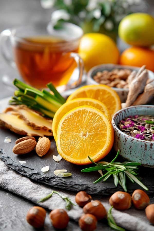 Fresh oranges, nuts, herbs, and tea arranged for a natural vitamin boost and healthy lifestyle.