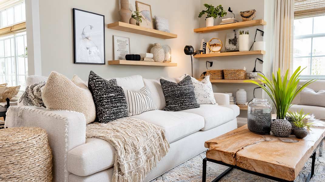 Bright and cute living room with a mix of modern and cozy details—neutral sofa, textured throws, black-and-white pillows, styled shelves.