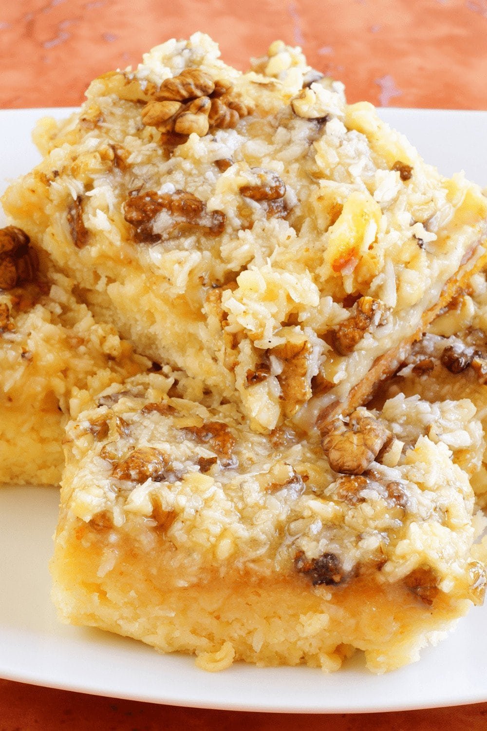 Moist sheet cake topped with coconut-pecan icing