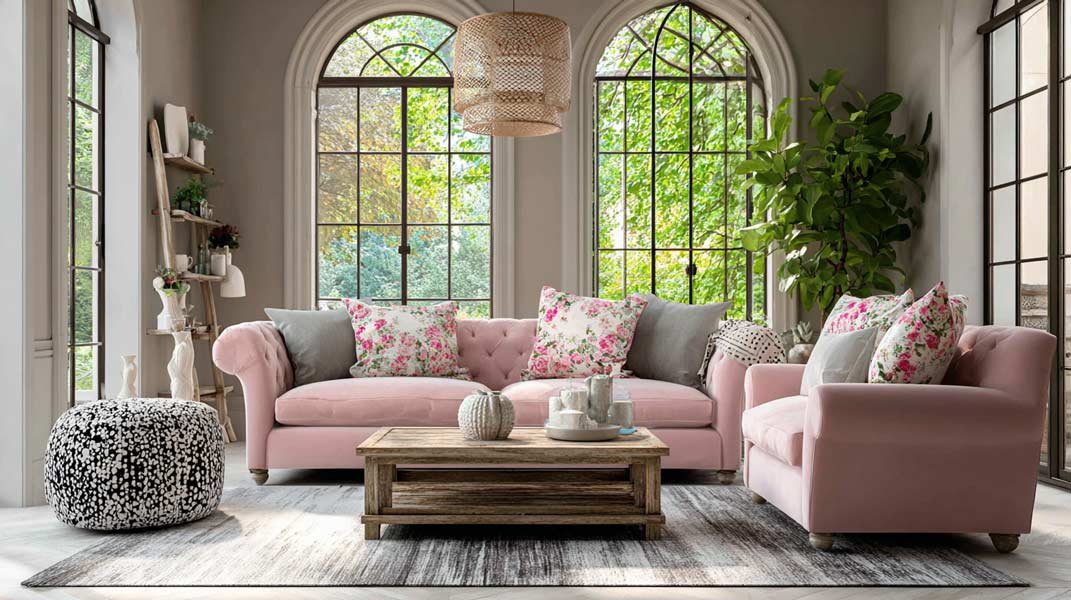 Charming living room with blush pink sofas, floral pillows, arched windows, and natural light.