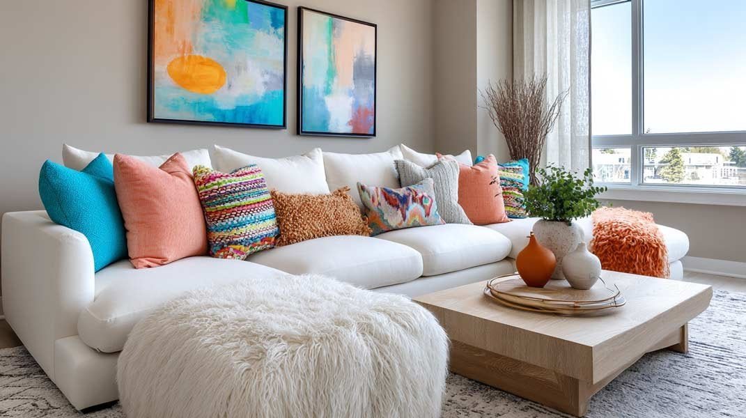 Cozy modern living room with white sectional sofa, colorful pillows, abstract wall art, and light wood table.