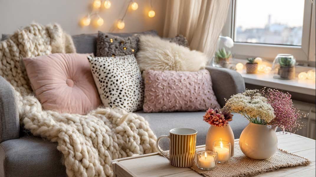 Cute and cozy living room corner with loveseat, pastel pillows, candles, and flowers on tray.
