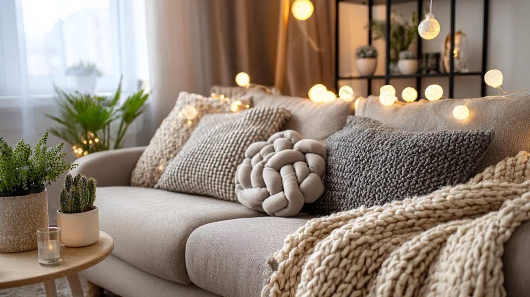 Cute living room design with neutral beige sofas, knit pillows, and warm string lights.