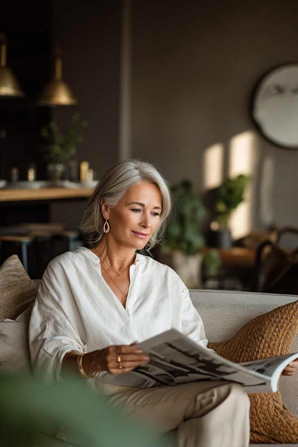 Elegant middle-aged woman in her 40s wearing jewelry while relaxing in her stylish living room