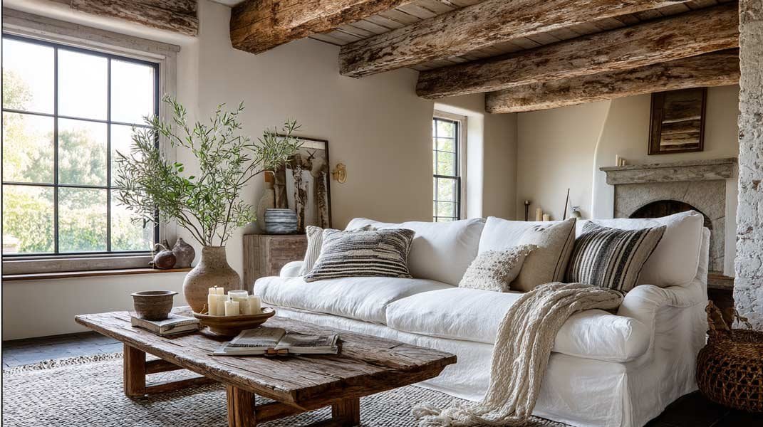 Farmhouse style cozy living room with white slipcovered sofa, rustic beams, and wood coffee table.