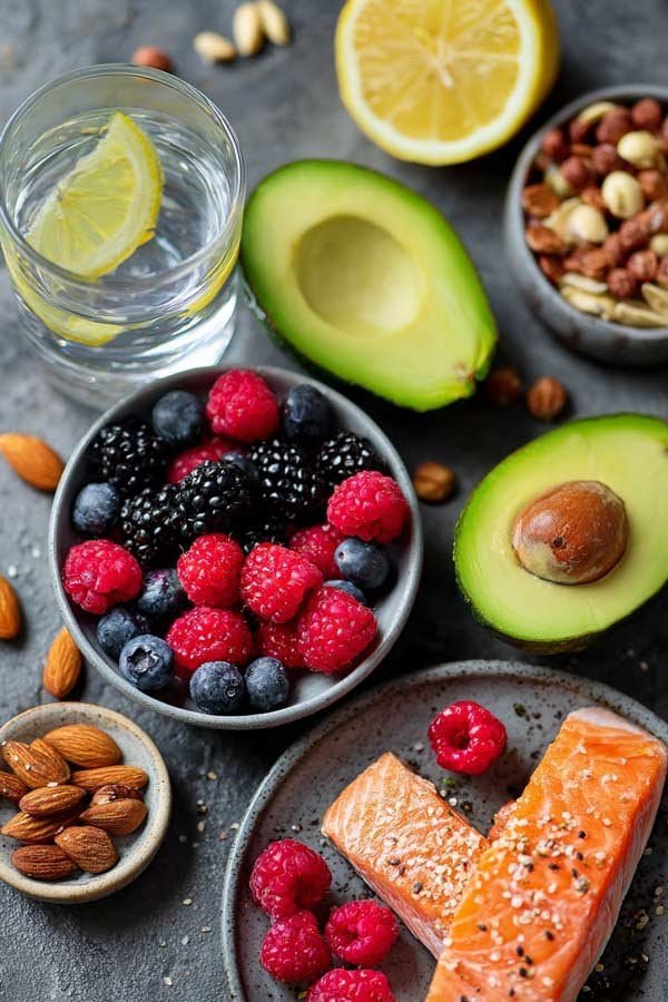 Flat lay of healthy foods including salmon, avocado, berries, nuts, and lemon water for balanced nutrition.