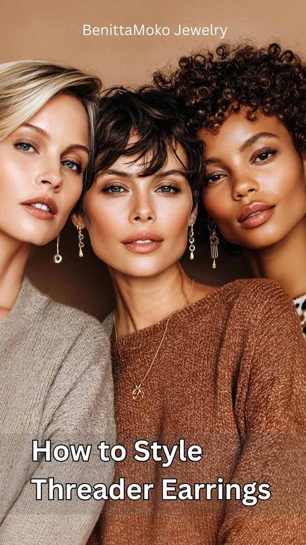 Gold threader earrings draped through the earlobe — poster-style hero image for a styling guide