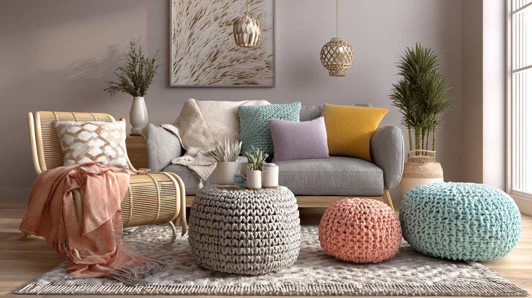 Living room decorated with pastel tones, rattan furniture, and knitted poufs.