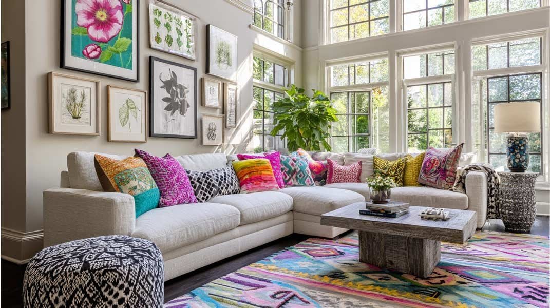 Living room with big windows, light cream sofas, colorful pillows, and a gallery wall of botanical art.