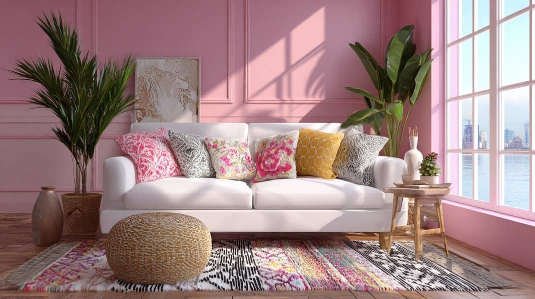 Living room with soft pastel pink wall, white sofa, patterned rug, and greenery.