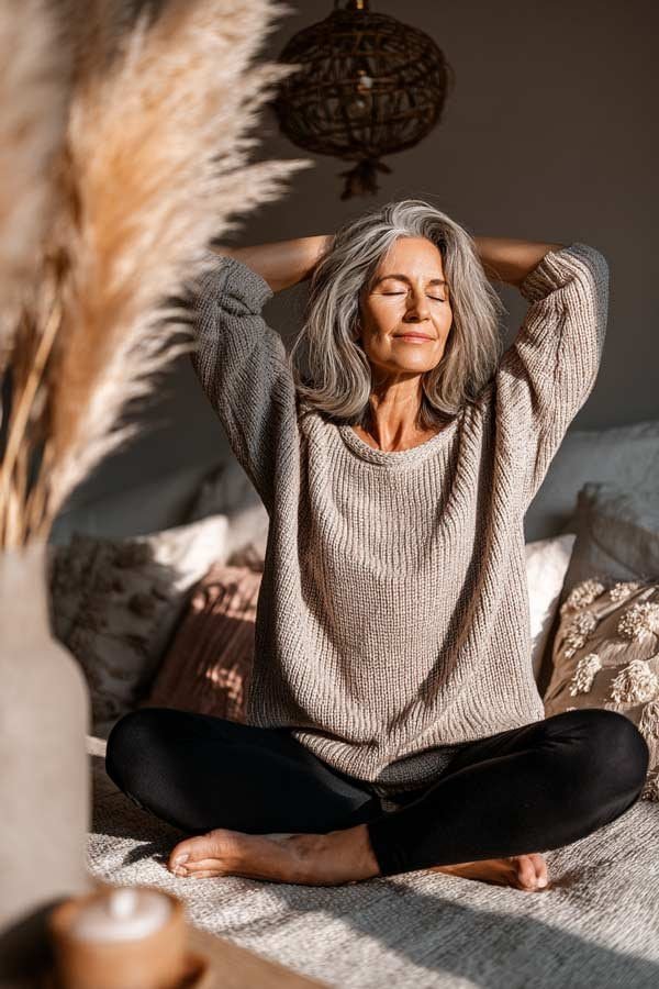Mature woman in her late 40s practicing gentle yoga and mindfulness at home, sitting cross-legged with eyes closed.