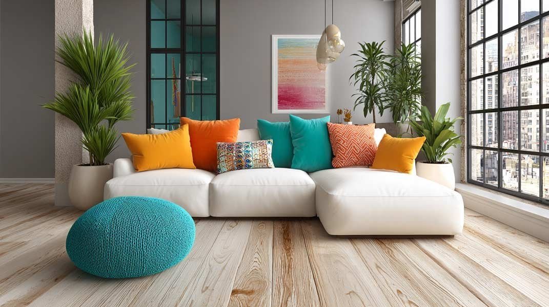 Modern cute living room with bright pops of color—orange and teal pillows on white sofa, natural wood coffee table.
