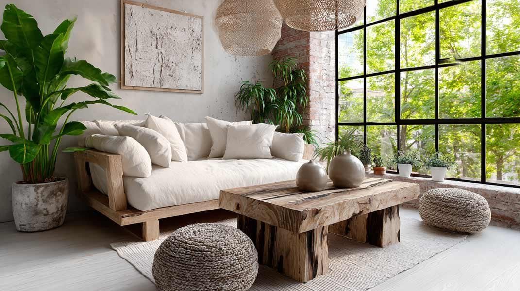 Nature-inspired living room with light wooden furniture, large black-framed windows, and indoor plants.