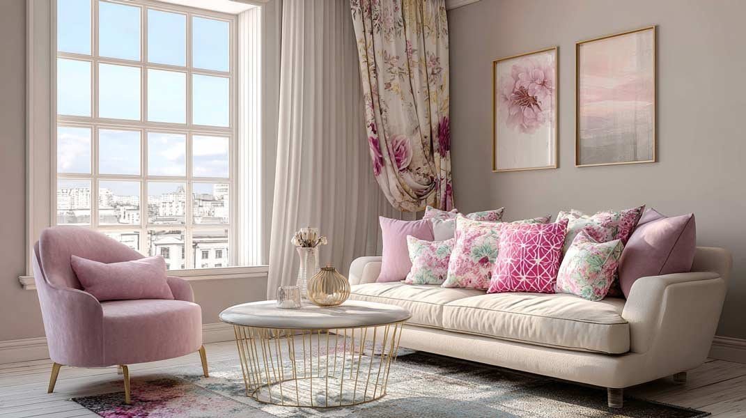 Romantic, cozy living room in pastel pink tones with floral pillows and soft drapes.