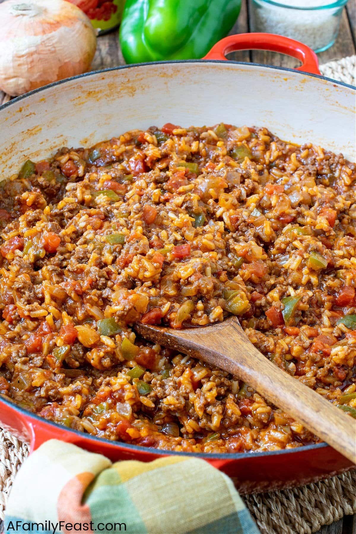 Skillet of Texas hash with beef, rice, and peppers