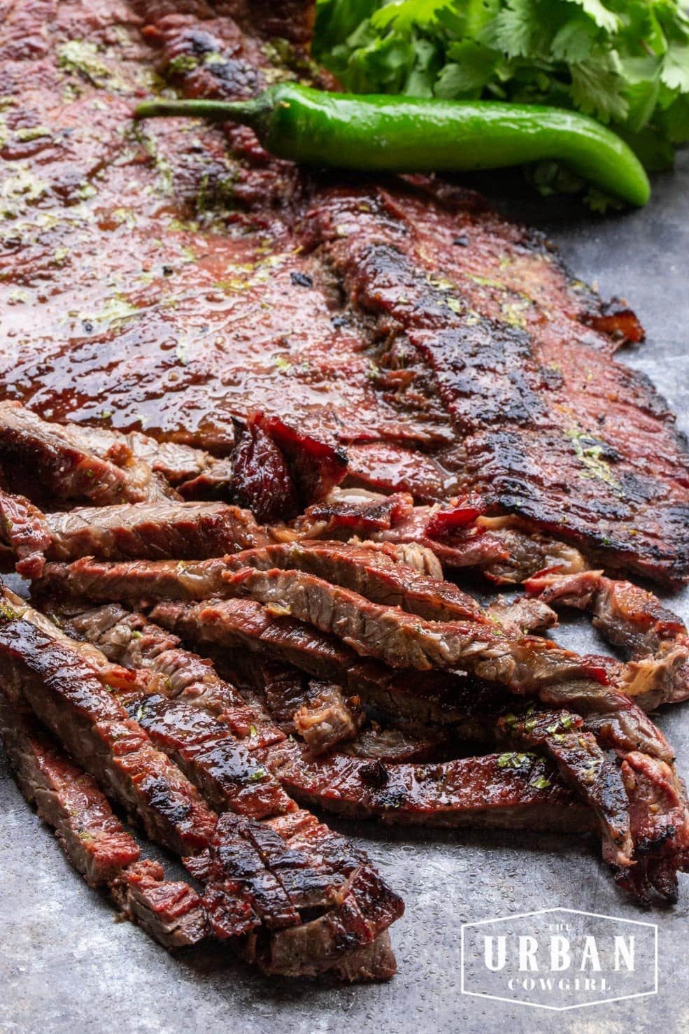 Sliced skirt steak fajitas with peppers and onions